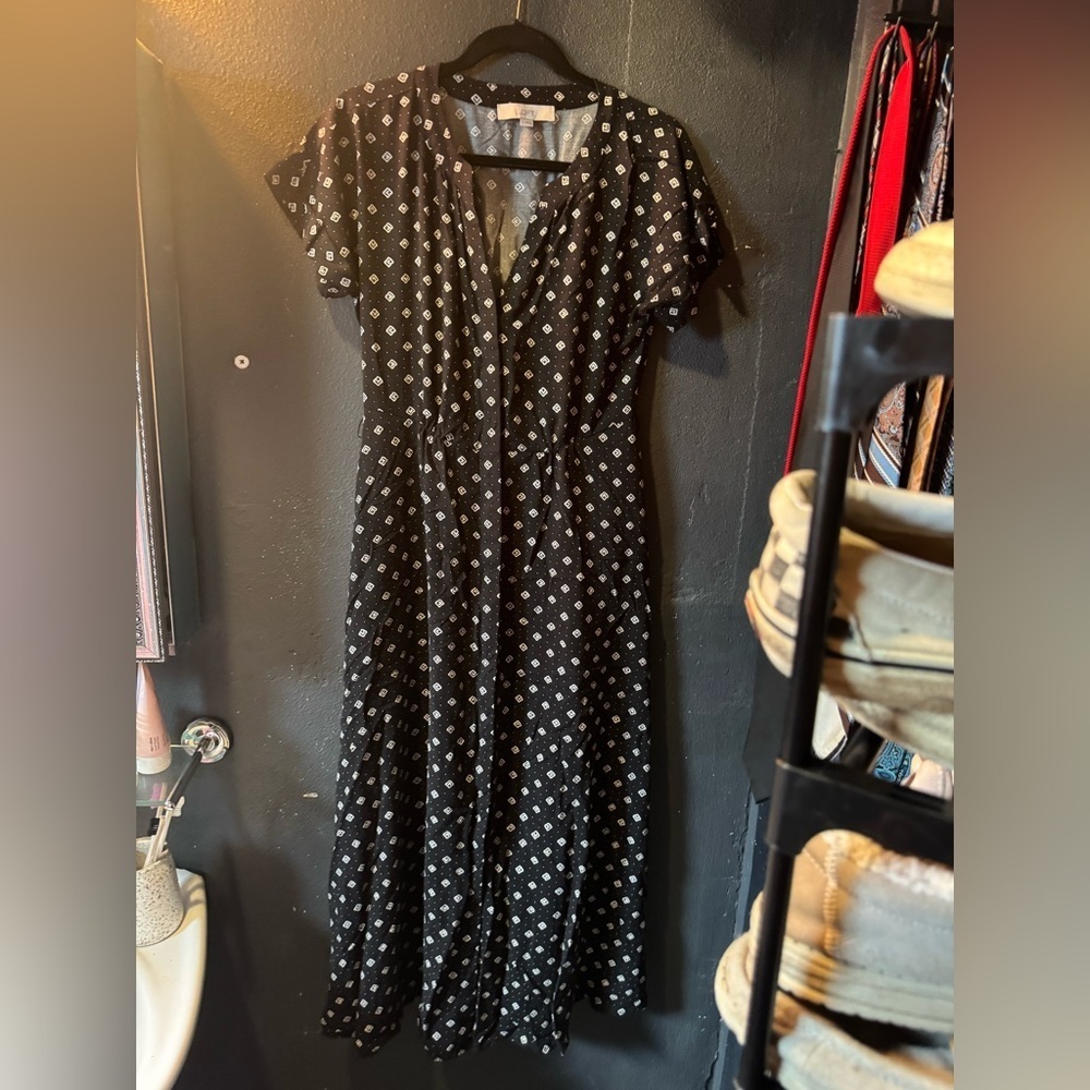 LOFT Black Maxi Button Down Dress with White Pattern